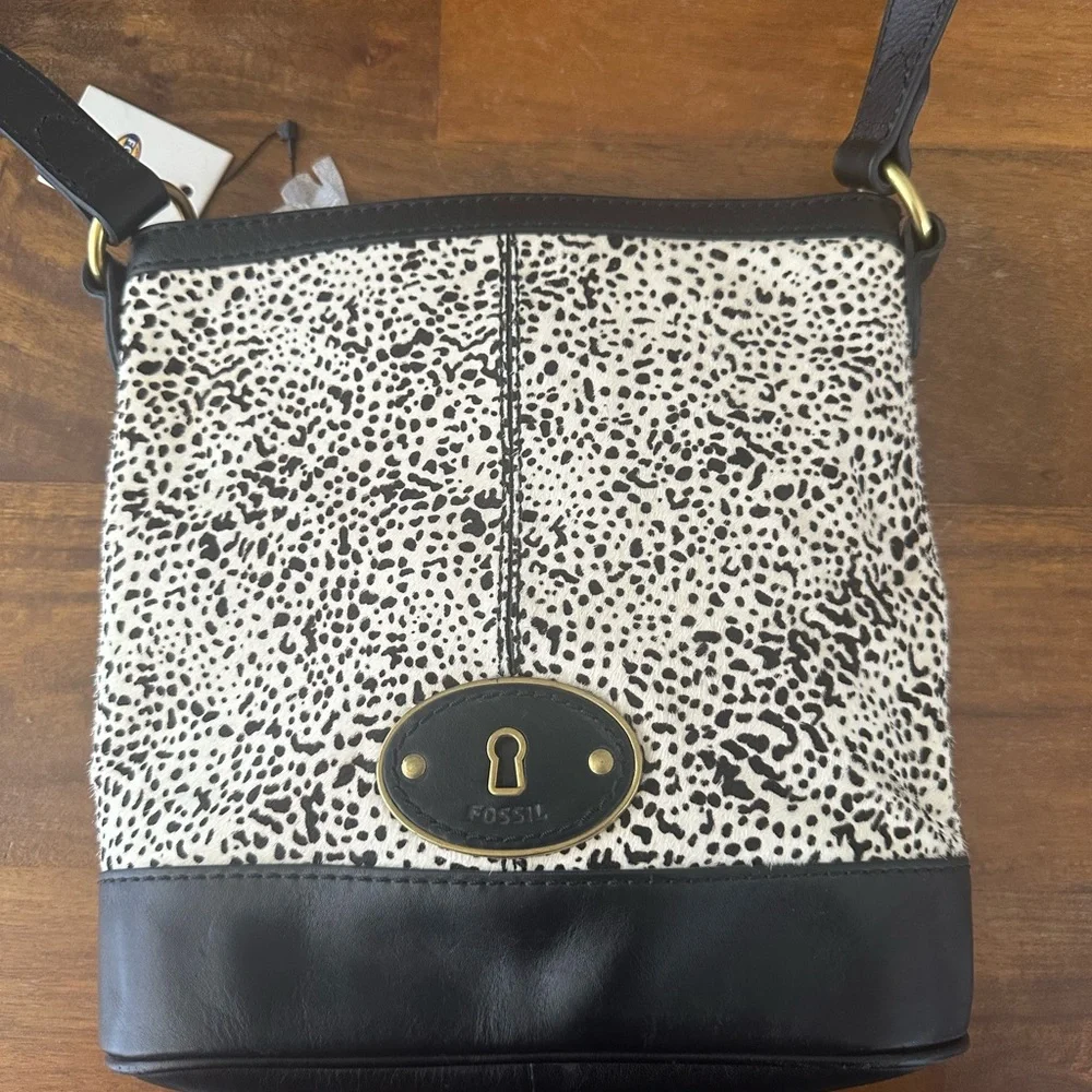 Fossil Black and Cream‎ Calfhair Print Crossbody bucket Bag NWT